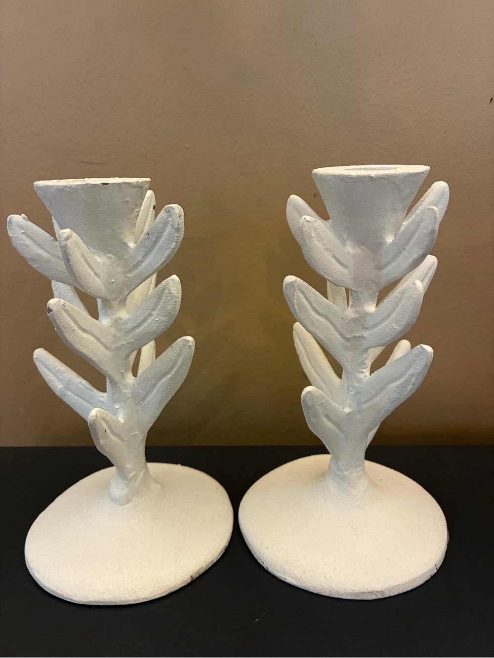 Anthropologie Flora Taper Candlestick Holders White Leaf Metal